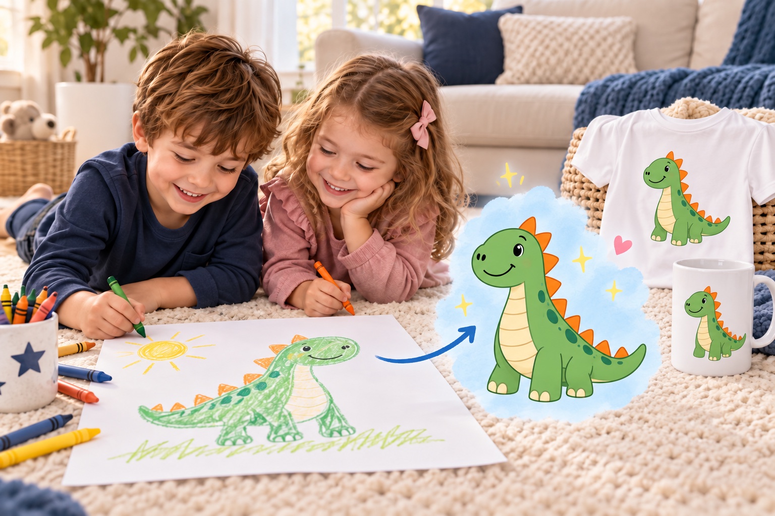 Two children drawing a green dinosaur, shown transformed into a digital illustration and printed on a shirt and mug