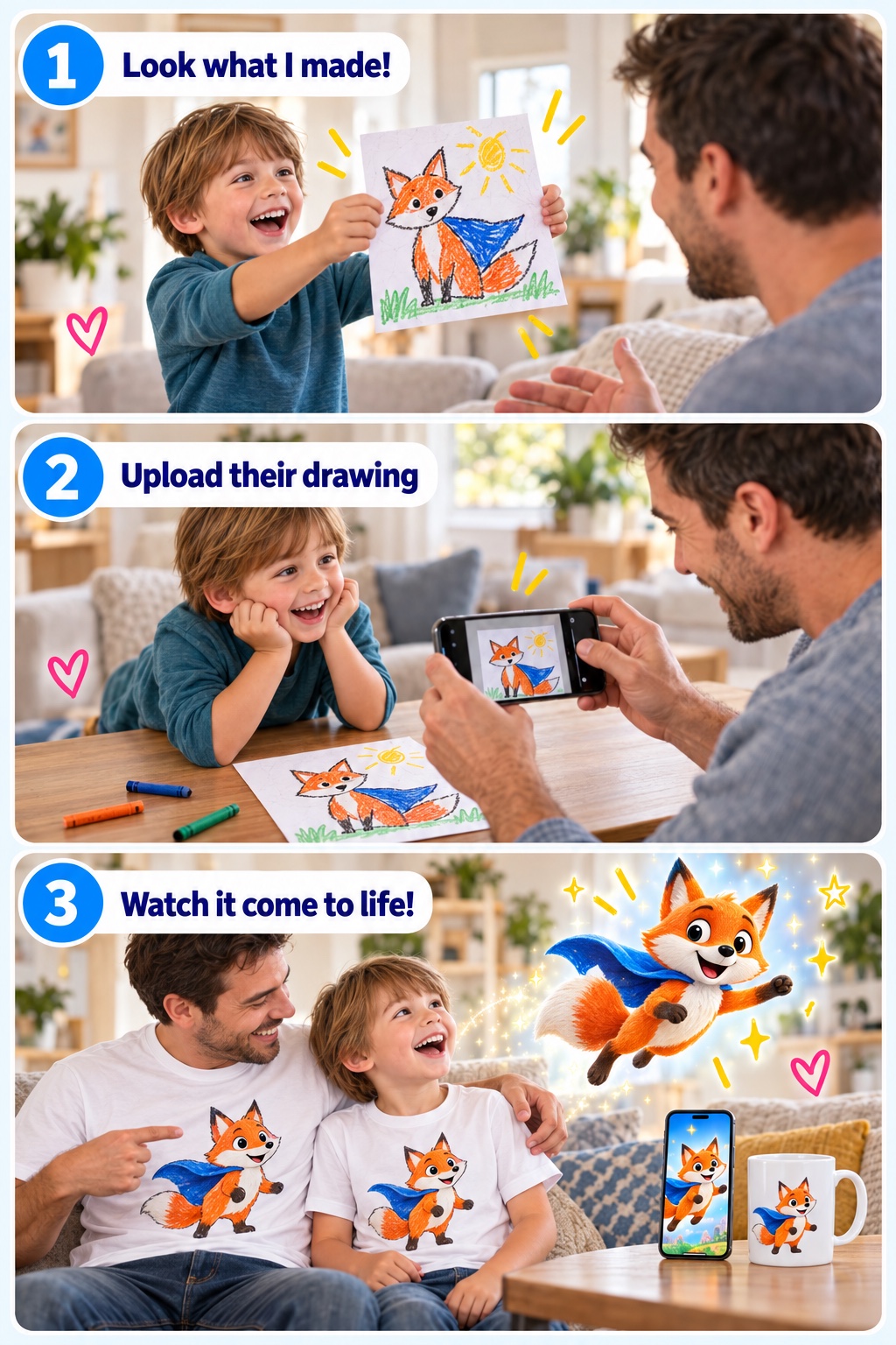 Three steps in photos: a child shares his fox drawing, his parent photographs it to upload, and the fox comes to life on artwork, shirts and a mug.